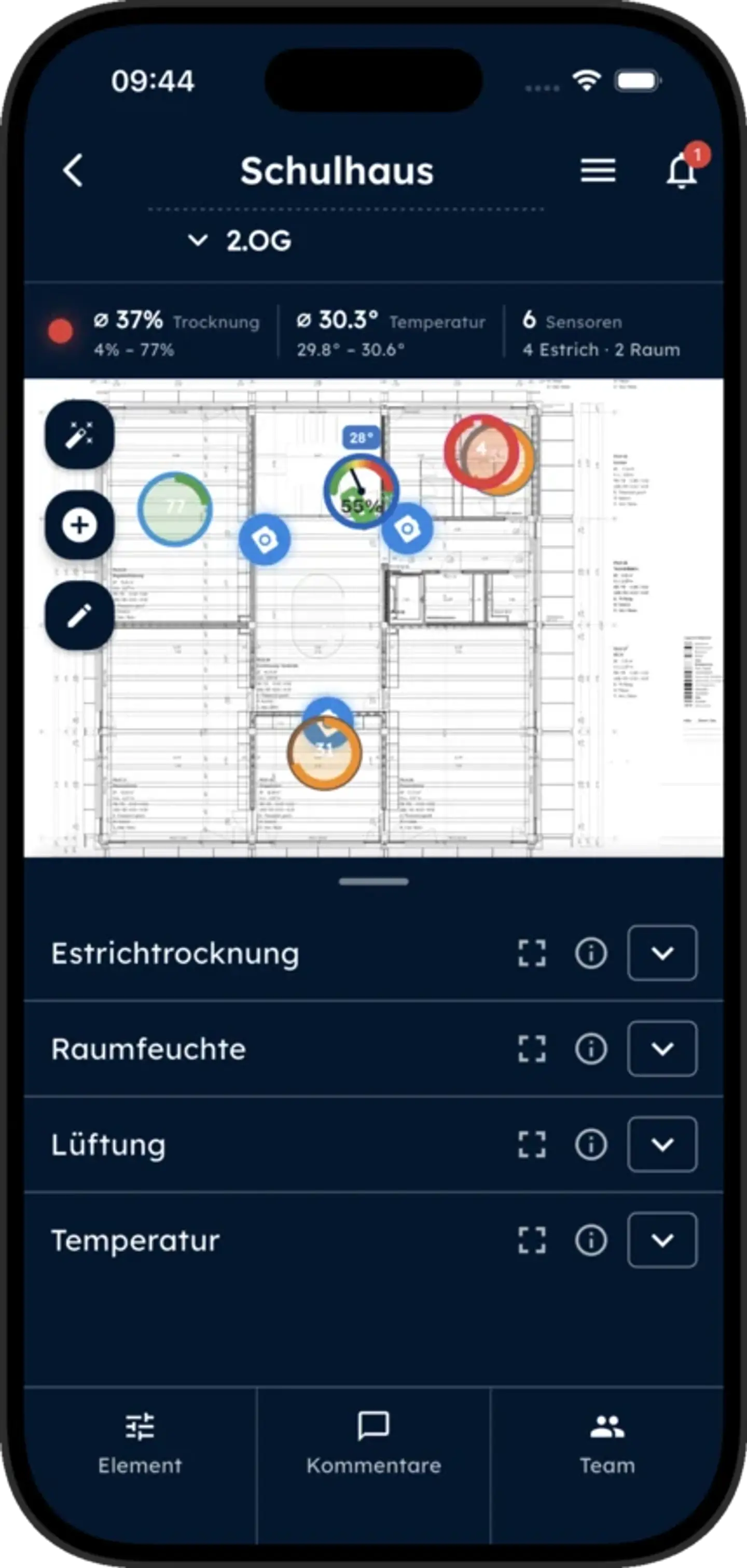 Intect App auf dem Smartphone: Projektübersicht mit Sensoren im Grundriss