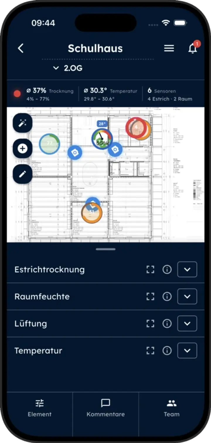 Intect App auf dem Smartphone: Projektübersicht mit Sensoren im Grundriss