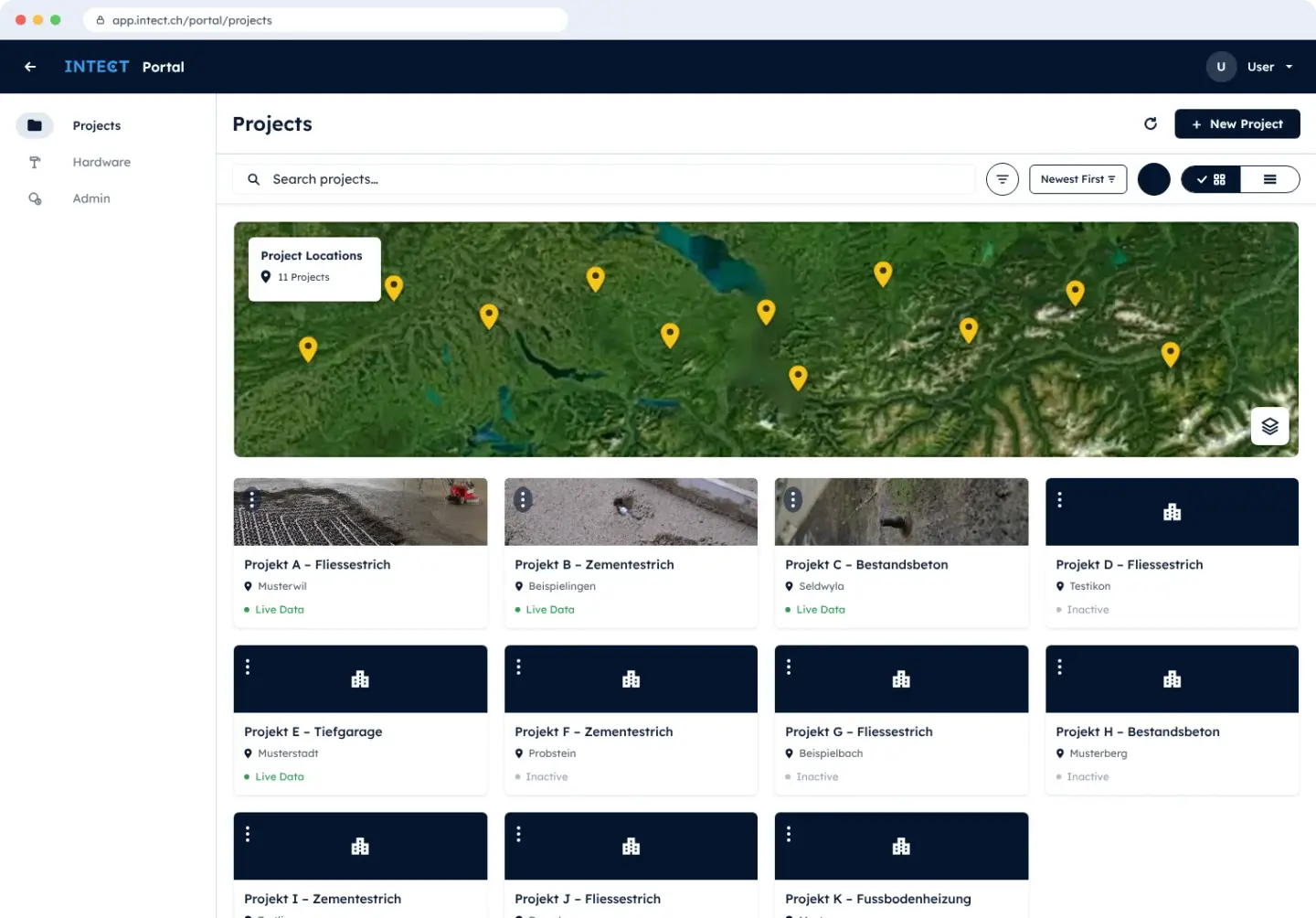 Intect Portal im Browser: Projektübersicht mit Karte