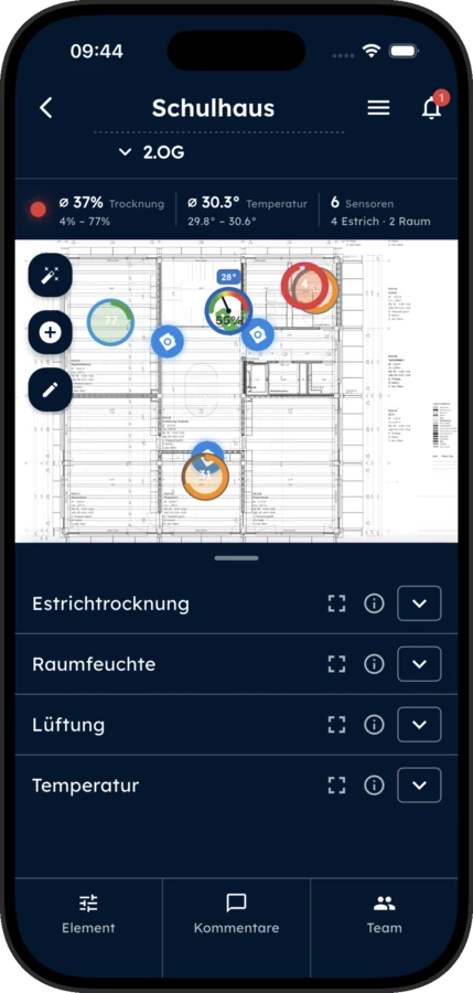 Intect App auf dem Smartphone: Projektübersicht mit Karte